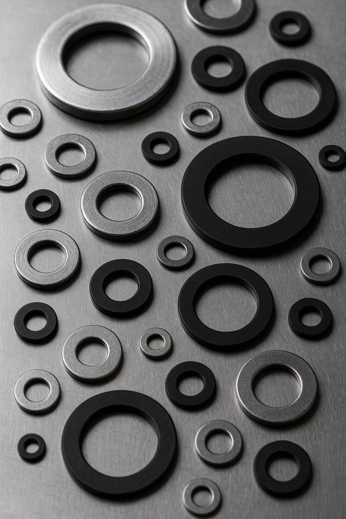 Arandelas metalicas y de caucho sobre superficie inox.
