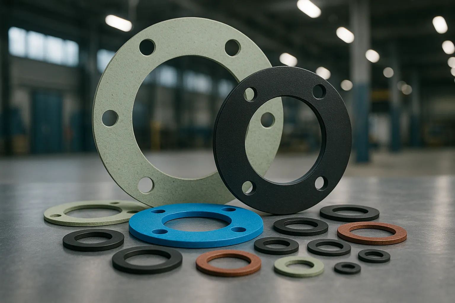 juntas industriales de caucho de varios tamaños en mesa metálica, entorno de fábrica