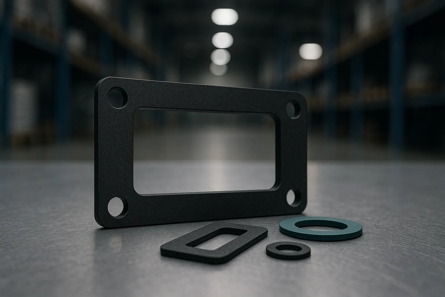 junta industrial rectangular de caucho negro con orificios en las esquinas sobre mesa metálica en almacén