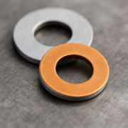 Detalle macro de arandelas bimetálicas cobre-aluminio con una cara de cobre y otra de aluminio sobre superficie industrial.