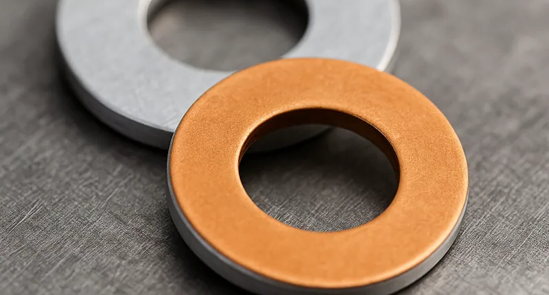 Detalle macro de arandelas bimetálicas cobre-aluminio con una cara de cobre y otra de aluminio sobre superficie industrial.