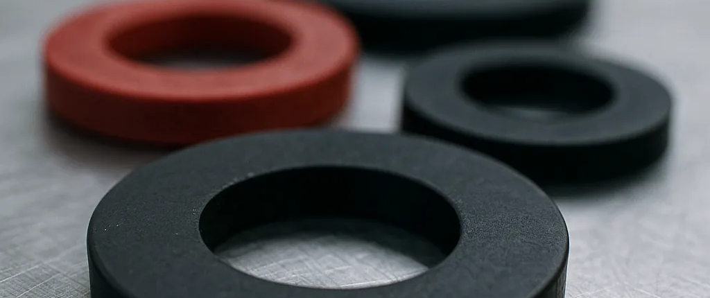 Arandelas de cauho y arandelas de goma sobre superficie inox.