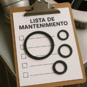 Vista cenital de una carpeta con lista de mantenimiento y muestras de juntas de goma, de fondo sistemas HVAC.