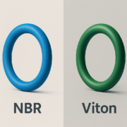 Imagen comparativa de una junta de NBR azul y una junta de Viton verde.