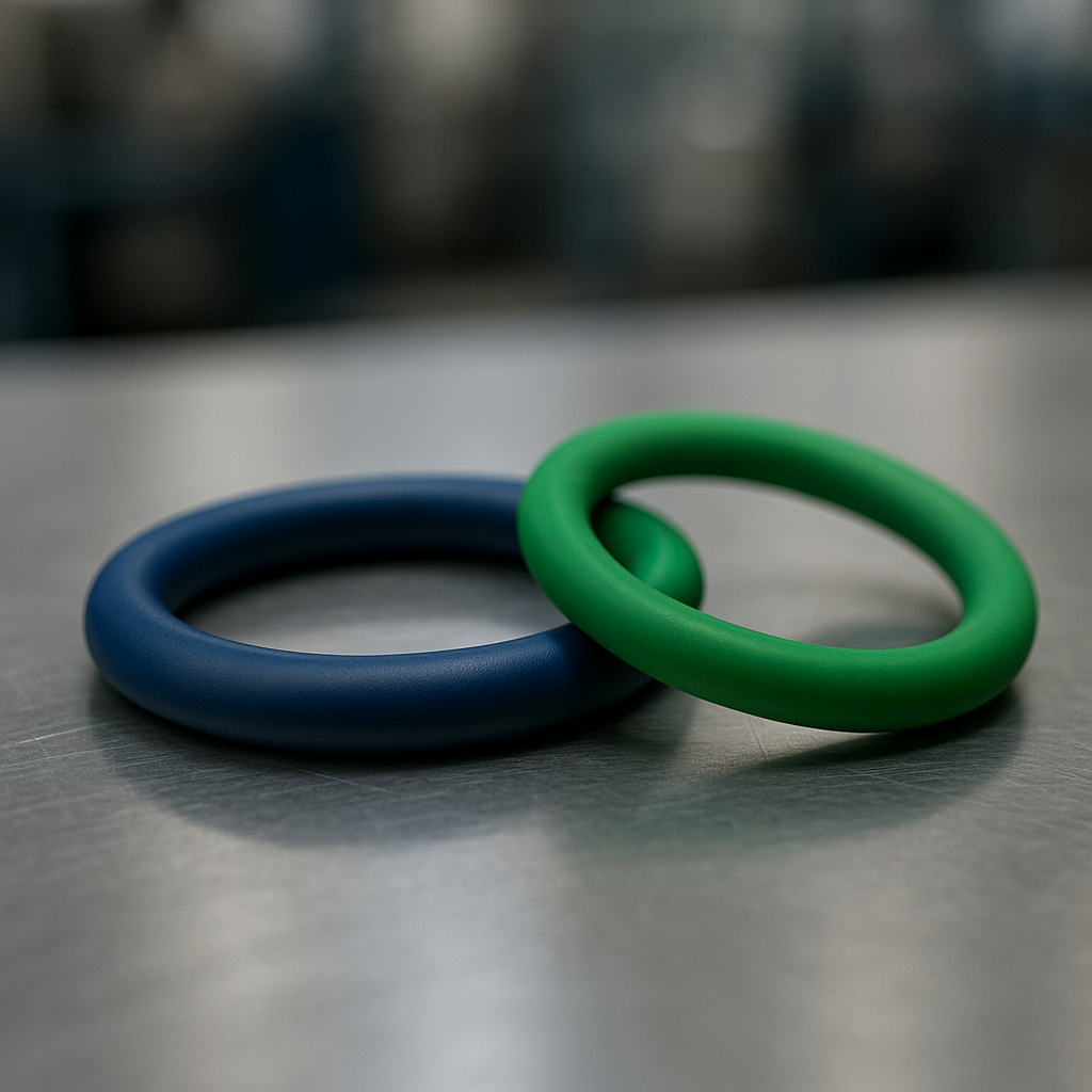 junta de NBR azul junto a junta de Viton verde en una superficie de inox.